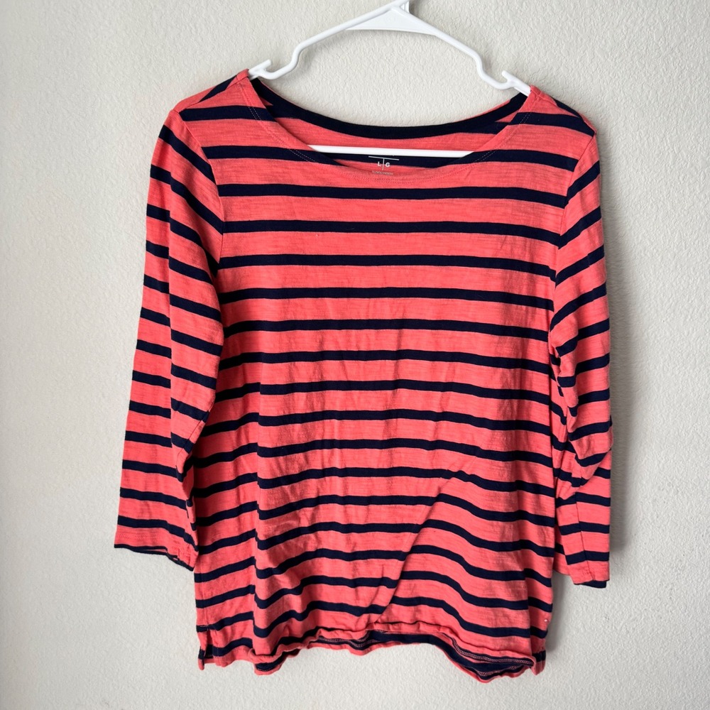 Old Navy Womens Striped Boat Neck Long Sleeve Tee Coral Pink Navy Blue Large